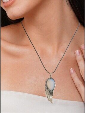 Elegant Silver Wing Natural Stone Pendant w/ Cord Necklace NWOT